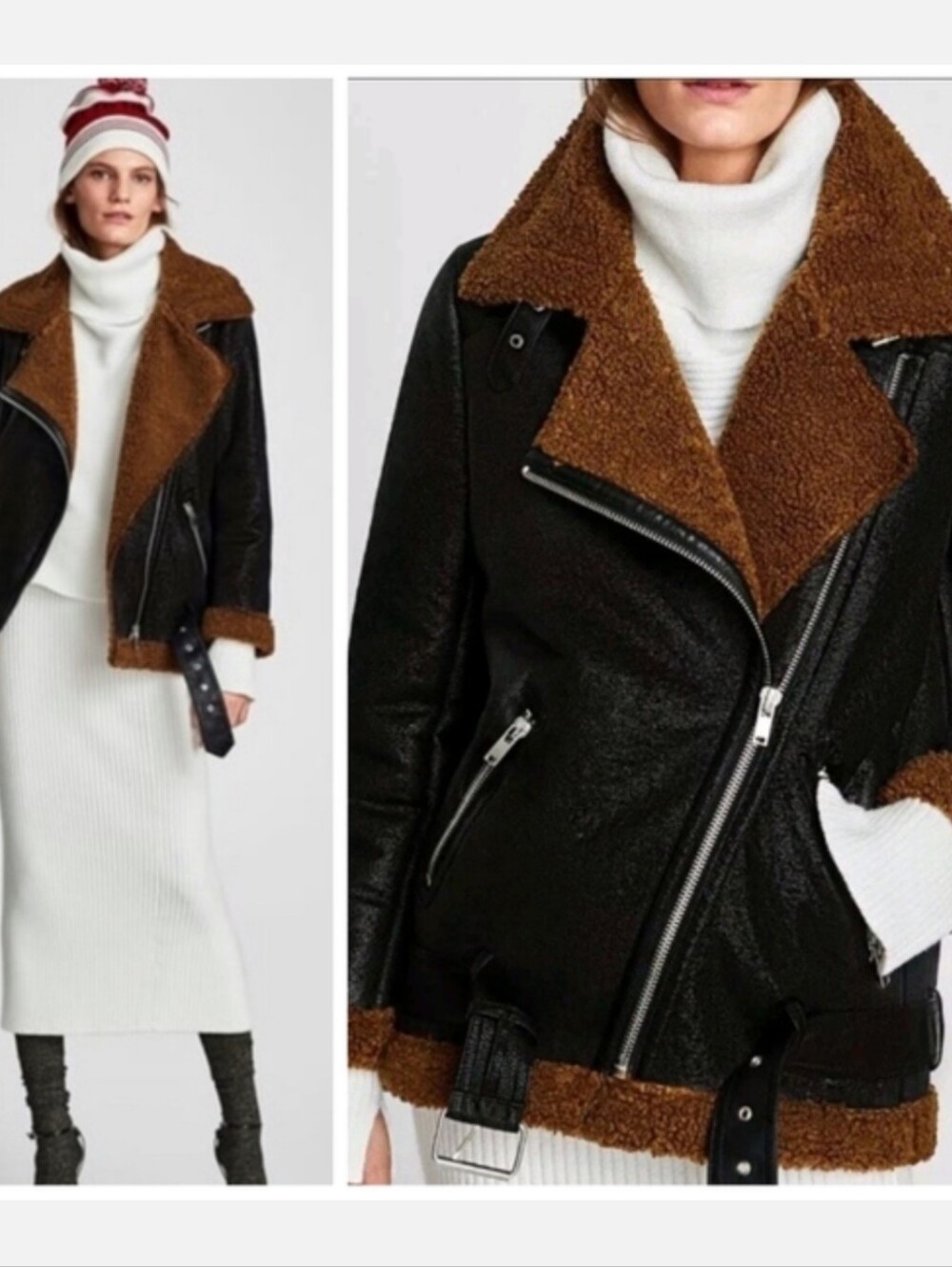 ZARA $170 Textured Shearling Moto Jacket Women's XS (Runs Large) Brown & Black